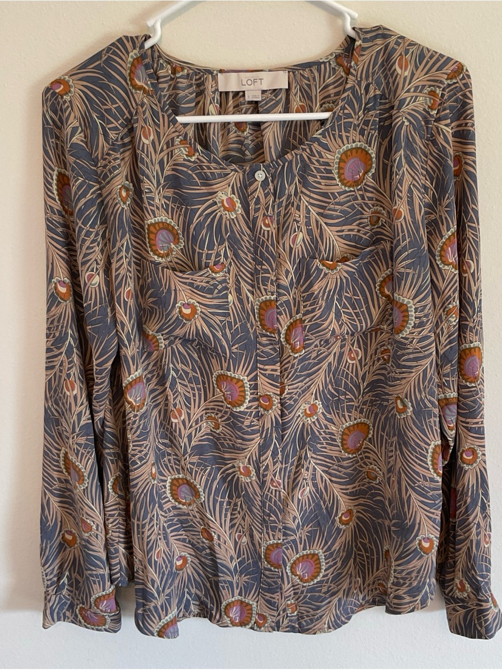 LOFT Women's Floral Feather-Print Long Sleeve Blouse - Slate Blue size S